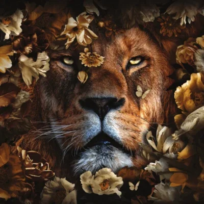 Glasschilderij 120x80cm Leeuw met bloemen