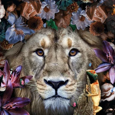 Glasschilderij 120x80cm Leeuw met bloemen midden