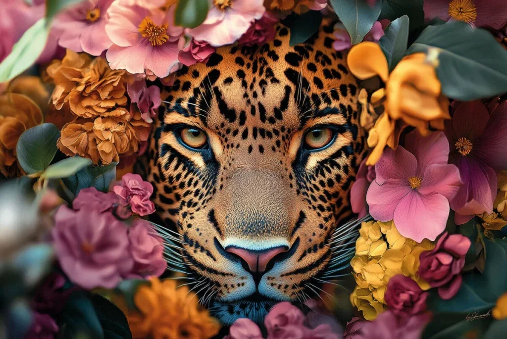 Glasschilderij 120x80cm Panter in bloemenzee