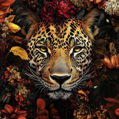Glasschilderij 120x80cm Panter in rode bloemenzee