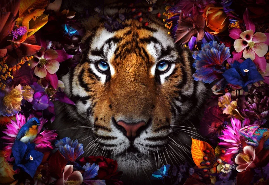 Glasschilderij 120x80cm Tijger met bloemen
