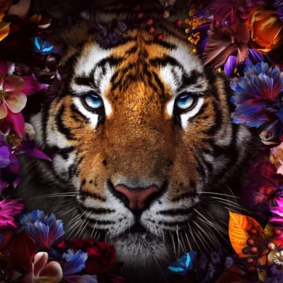 Glasschilderij 120x80cm Tijger met bloemen