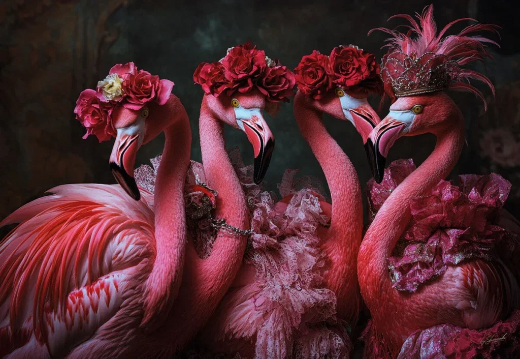 Glasschilderij 160x110cm Flamingos met bloemenkroon