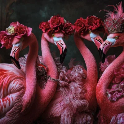 Glasschilderij 160x110cm Flamingos met bloemenkroon
