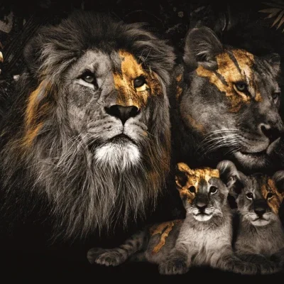 Glasschilderij 160x110cm Leeuwenfamilie met 2 welpje