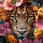 Glasschilderij 160x110cm Panter in bloemenzee