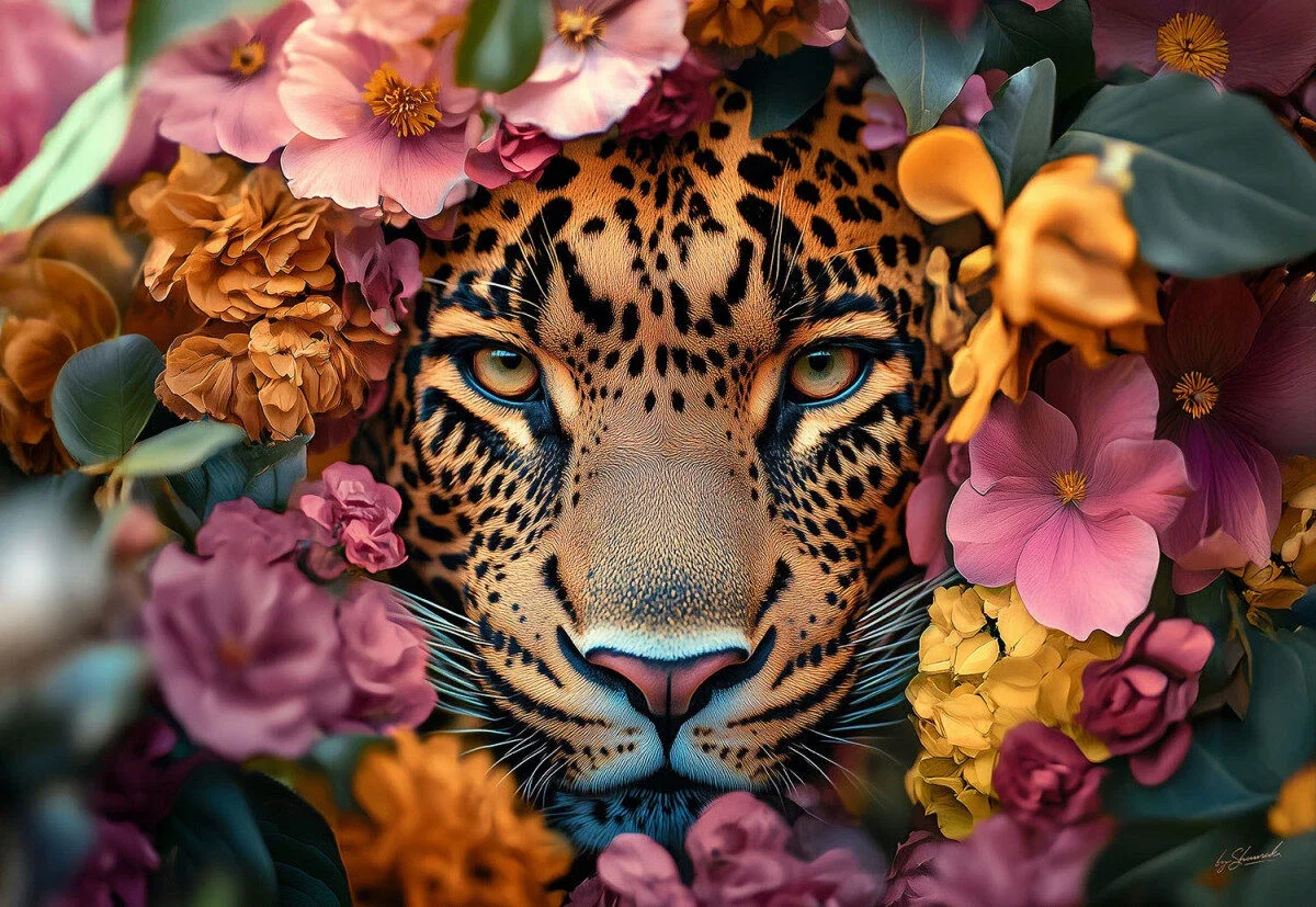 Glasschilderij 160x110cm Panter in bloemenzee Glasschilderij 160x110cm Panter in bloemenzee
