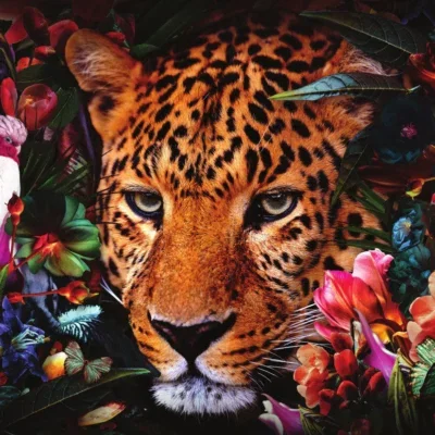 Glasschilderij 160x110cm Panter met bloemen