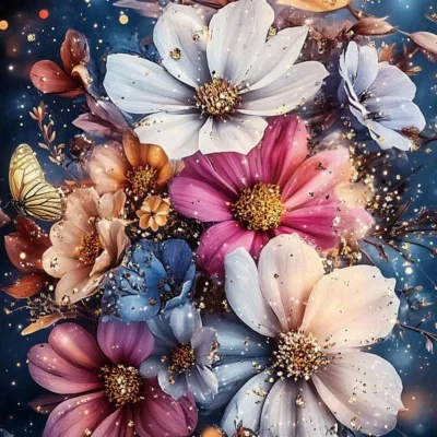 Glasschilderij 80x120cm Bloemen met lichtjes verticaal