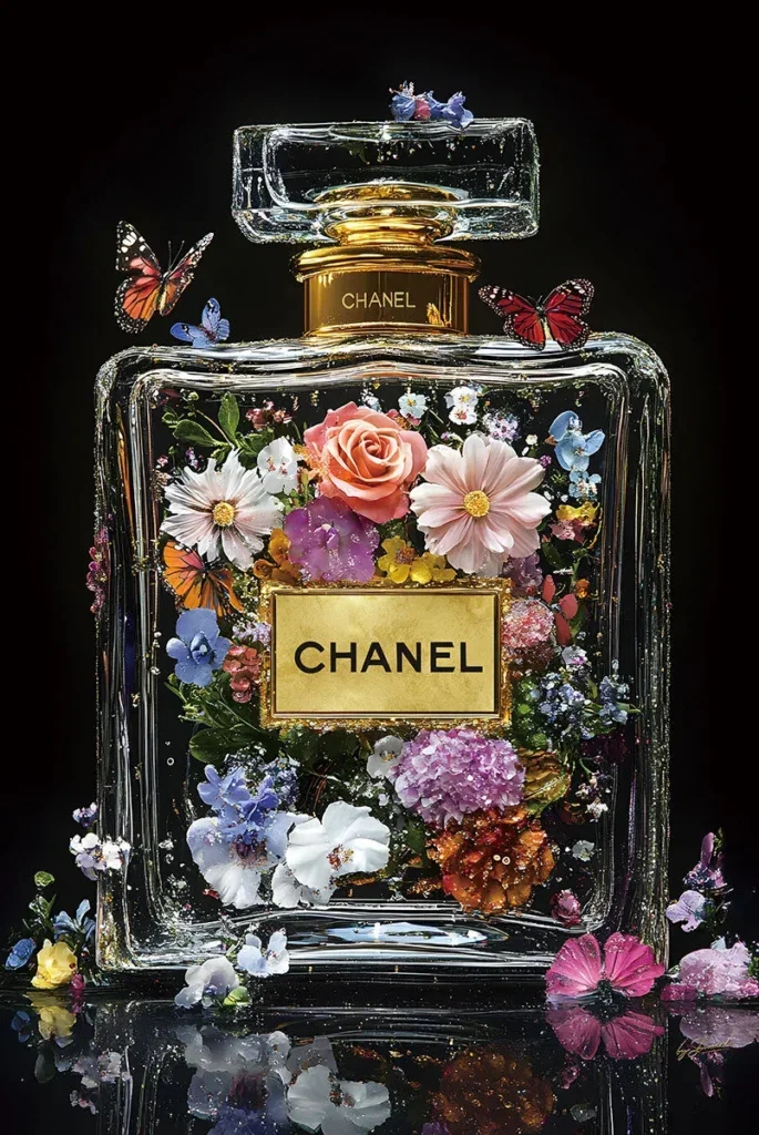 Glasschilderij 80x120cm Doorzichtig parfum met bloemen