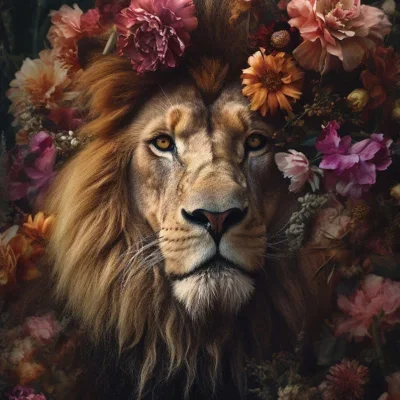 Glasschilderij 80x120cm Leeuw met bloemen