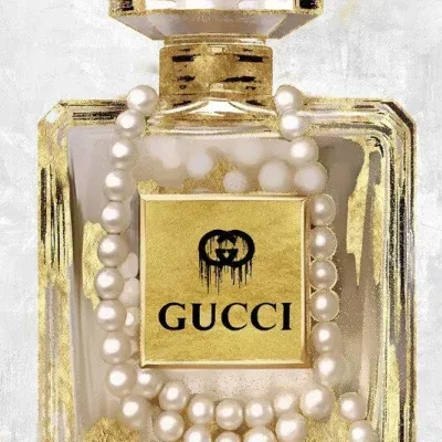 Glasschilderij 80x120cm Parfumfles goud