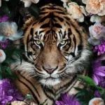 Glasschilderij 80x120cm Tijger met bloemen
