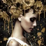 Glasschilderij 80x120cm Vrouw met gouden bloemen