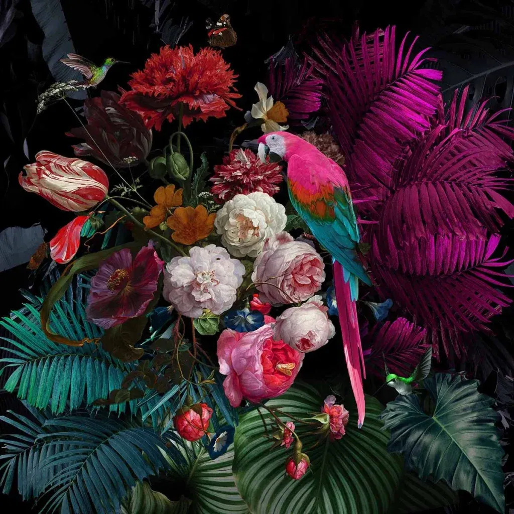 Glasschilderij 80x80cm Papegaai op bloemen