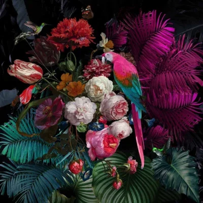 Glasschilderij 80x80cm Papegaai op bloemen
