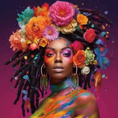 Glasschilderij 80x80cm Vrouw met gekleurd lichaam en bloemen