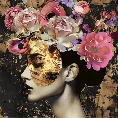 Glasschilderij 80x80cm Vrouw met goud en bloemen