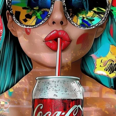 Glasschilderij met 3D reliëf 110x160cm Vrouw met cola