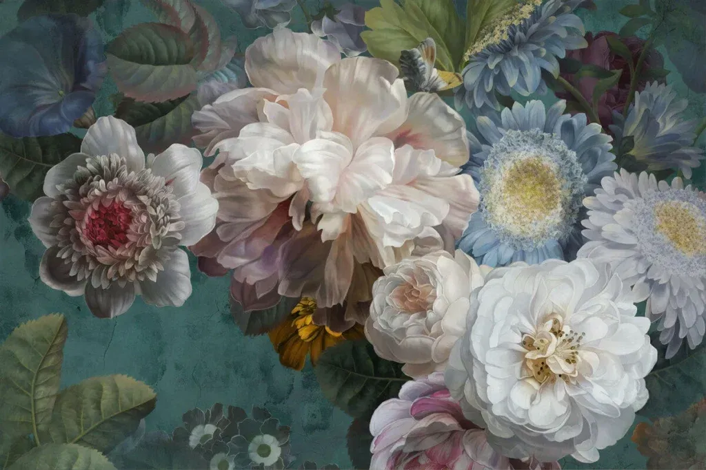 Glasschilderij met 3D reliëf 120x80cm Getekende bloemen