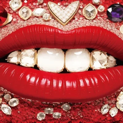 Glasschilderij met 3D reliëf 160x110cm Mond met diamanten