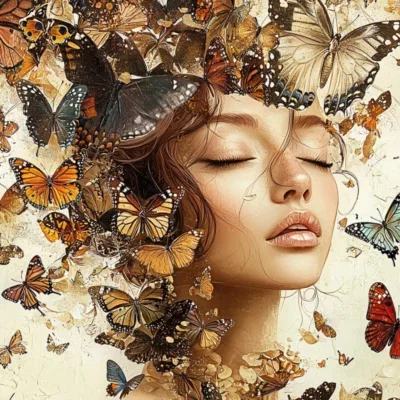 Glasschilderij met 3D reliëf 160x110cm Vrouw met oranje vlinders