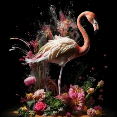 Glasschilderij met 3D reliëf 80x120cm Flamingo met bloemen