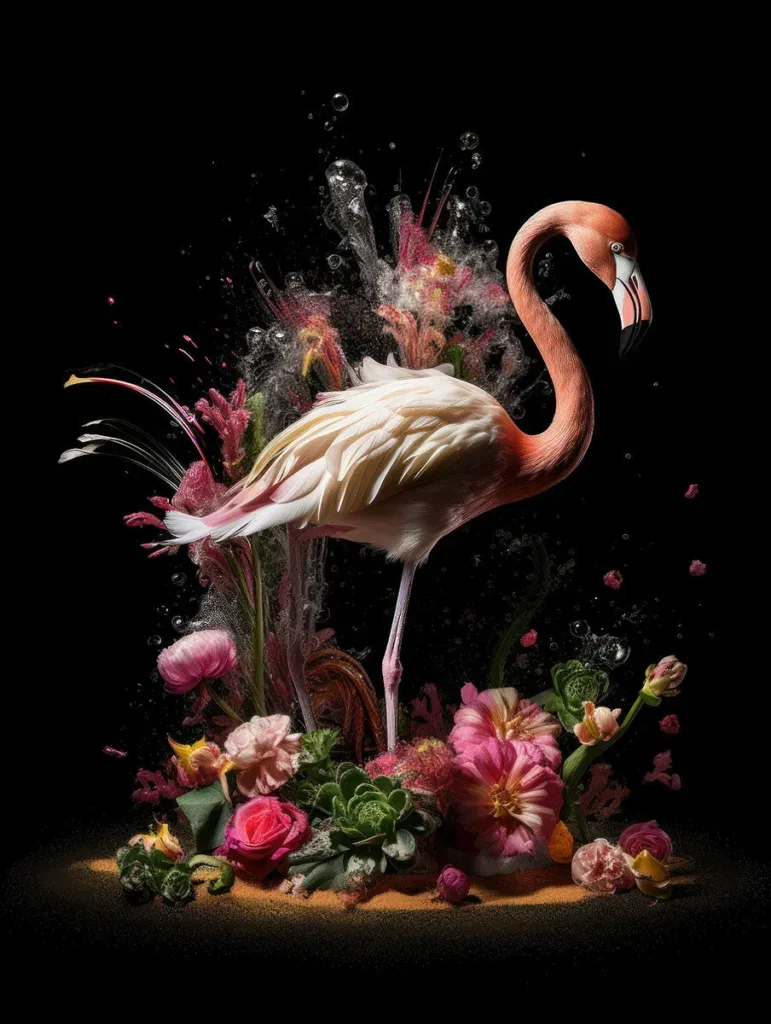 Glasschilderij met 3D reliëf 80x120cm Flamingo met bloemen