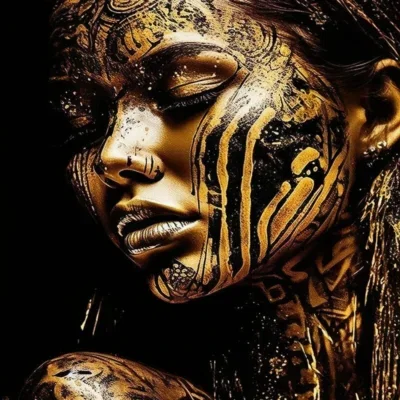 Glasschilderij met 3D reliëf 80x120cm Vrouw met goud/zwart gezicht