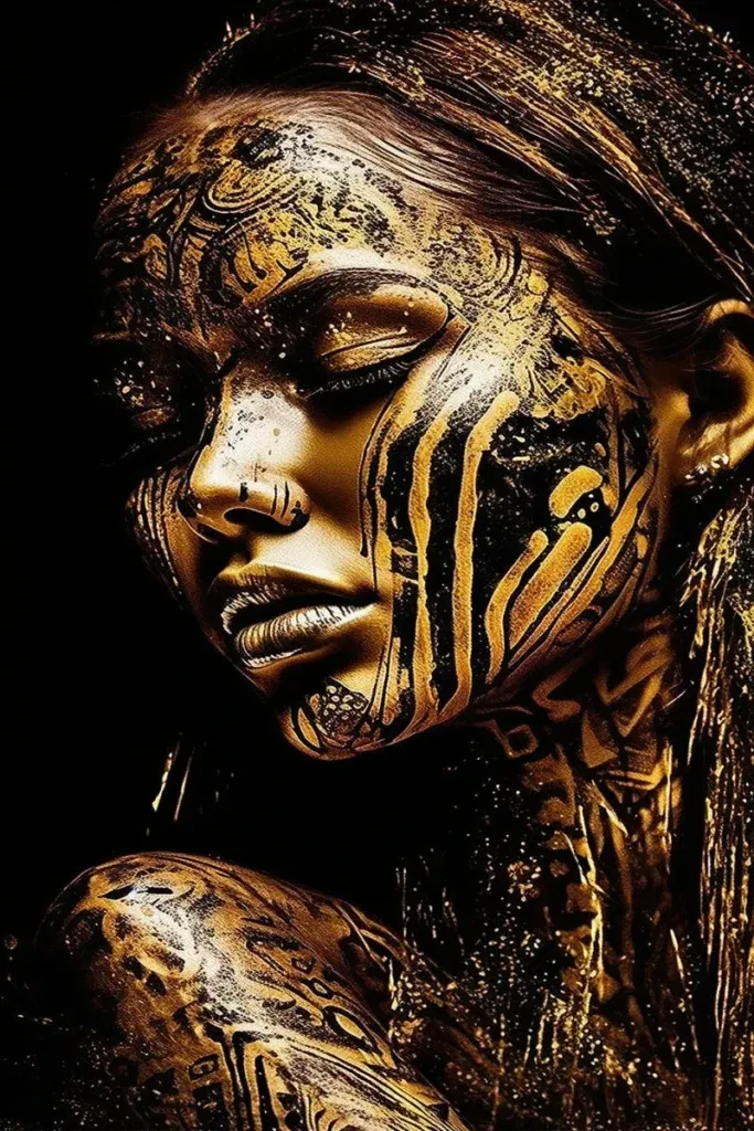 Glasschilderij met 3D reliëf 80x120cm Vrouw met goud/zwart gezicht