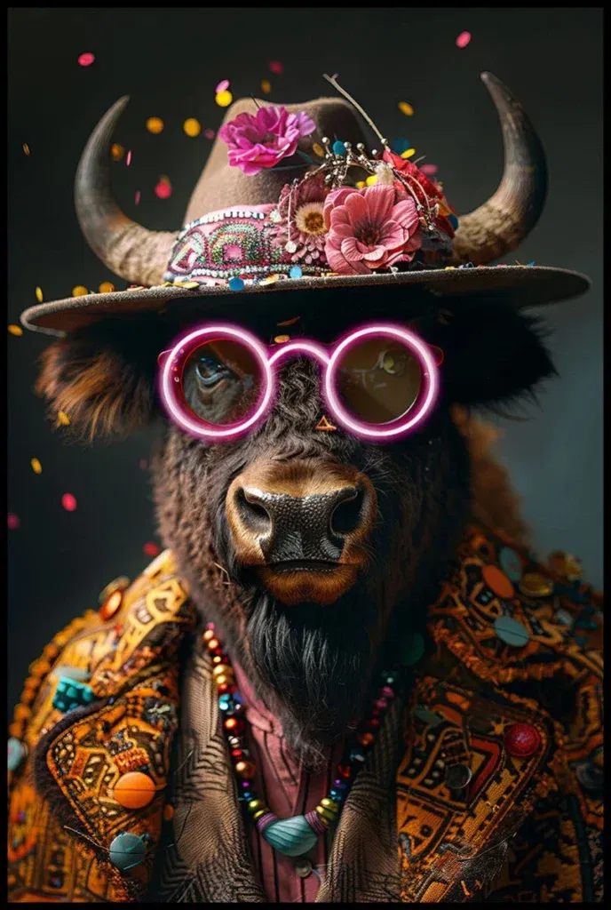 Glasschilderij met LED verlichting en lijst 80x120cm Stier met roze bril