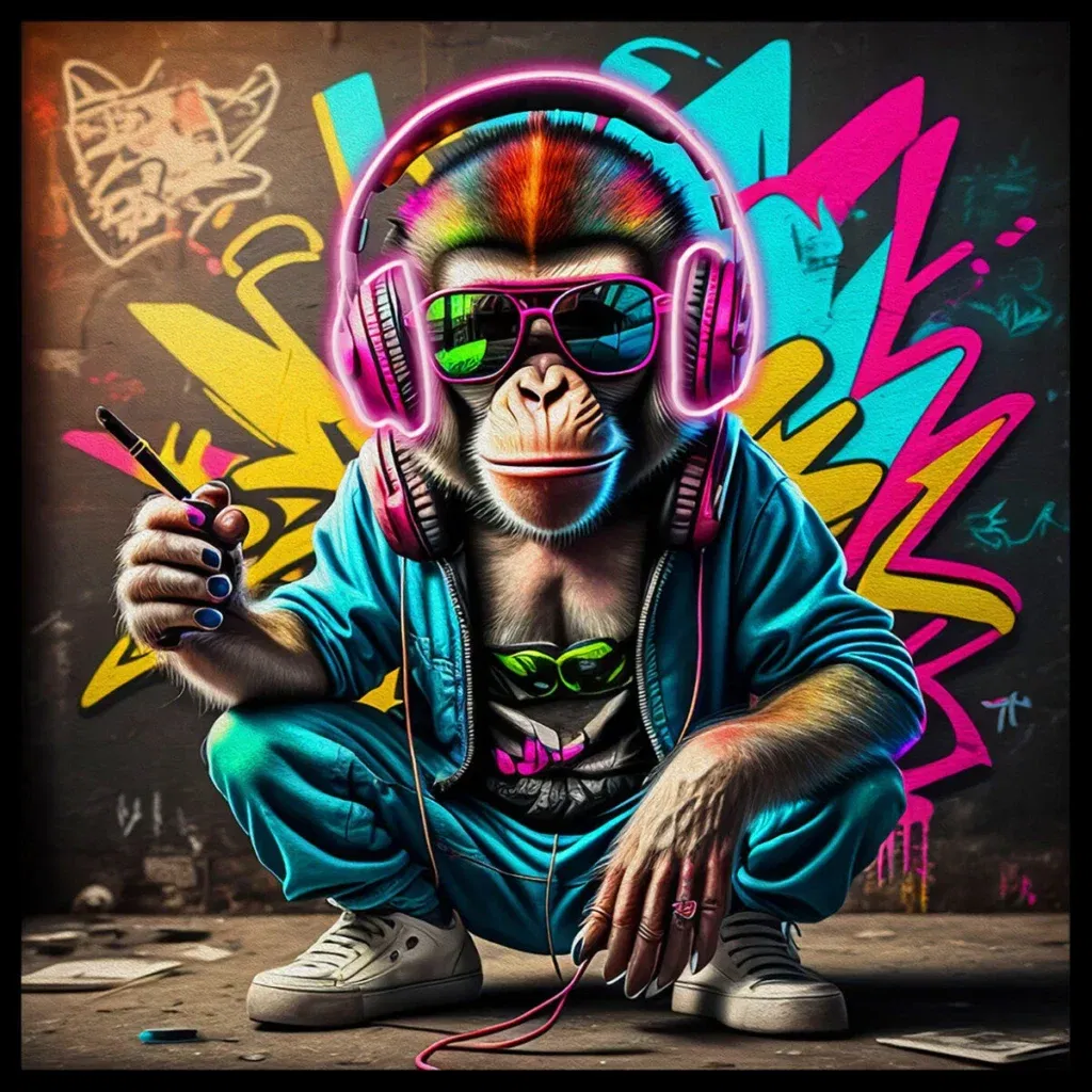 Glasschilderij met LED verlichting en lijst 80x80cm Muziek aap