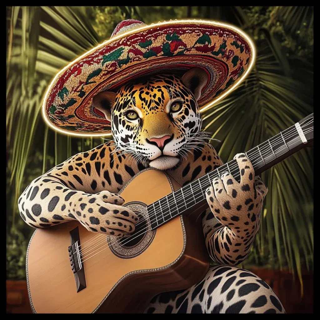 Glasschilderij met LED verlichting en lijst 80x80cm Panter met gitaar