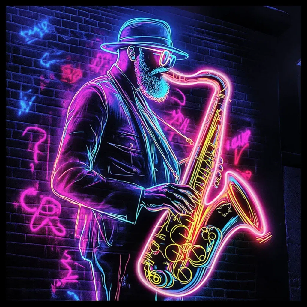 Glasschilderij met LED verlichting en lijst 80x80cm Saxofonist