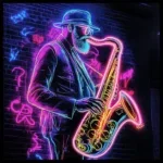 Glasschilderij met LED verlichting en lijst 80x80cm Saxofonist