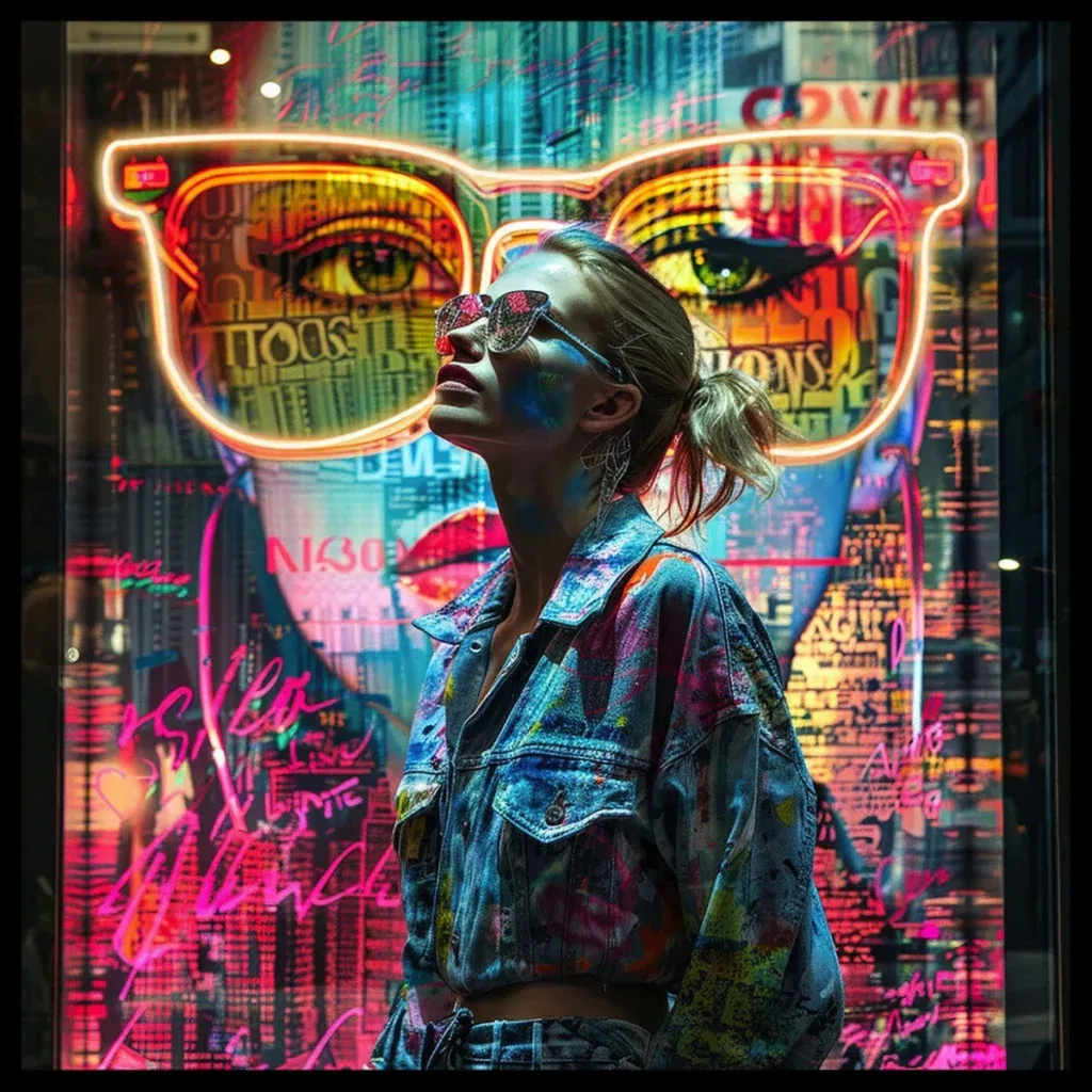 Glasschilderij met LED verlichting en lijst 80x80cm Vrouw met gekleurde bril