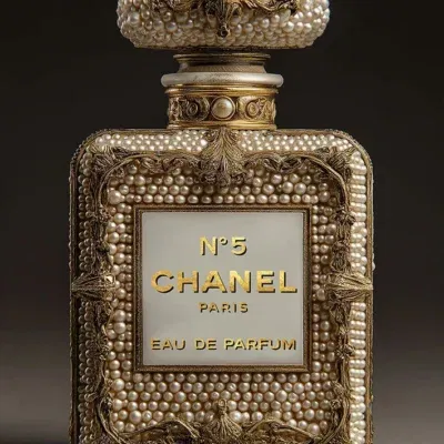 Glasschilderij met goudfolie 60x80cm Parfum met kleine parels