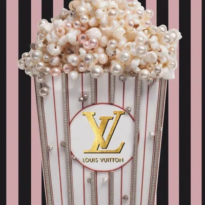 Glasschilderij met goudfolie 60x80cm Popcorn roze/zwart
