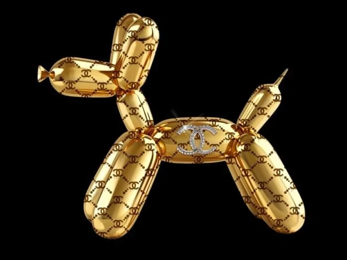 Glasschilderij met goudfolie 80x60cm Ballon hond links Glasschilderij met goudfolie 80x60cm Ballon hond links