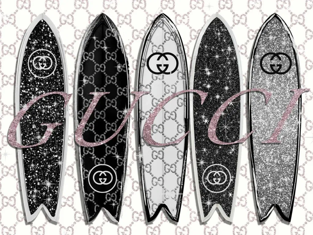 Glasschilderij met goudfolie 80x60cm Fashion surfplanken