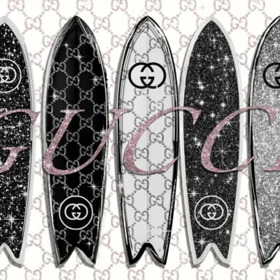 Glasschilderij met goudfolie 80x60cm Fashion surfplanken