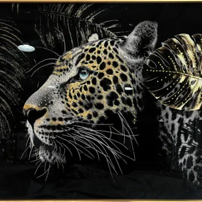 Glasschilderij met kristallen en lijst 120x80cm Panter