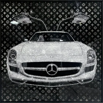 Glasschilderij met kristallen en lijst 80x80cm Auto met vliegdeuren