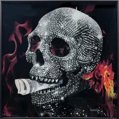 Glasschilderij met kristallen en lijst 80x80cm Rokende doodskop