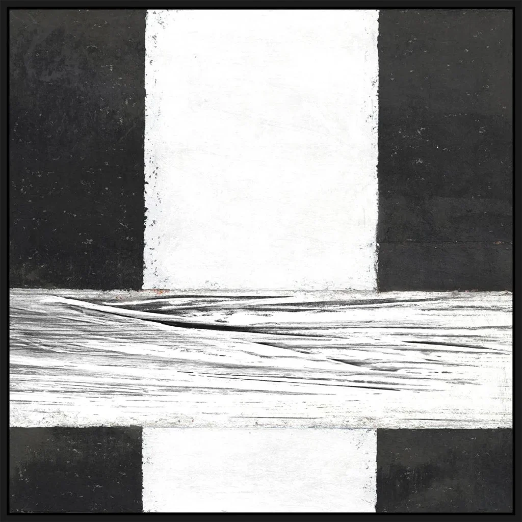 Olieverfschilderij incl. baklijst zwart 100x100cm 'White Streak' Materiaal: acrylverf+gerecycled papier