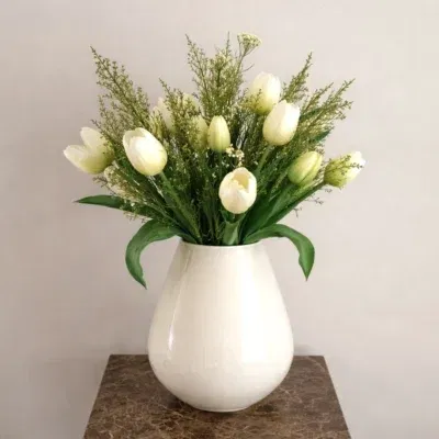 Real Touch Kunst Tulpen Boeket wit groen met of zonder vaas