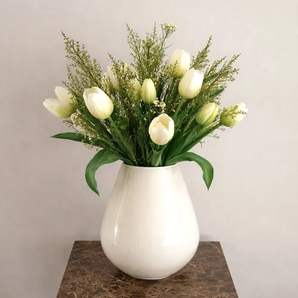 Real Touch Kunst Tulpen Boeket wit groen met of zonder vaas