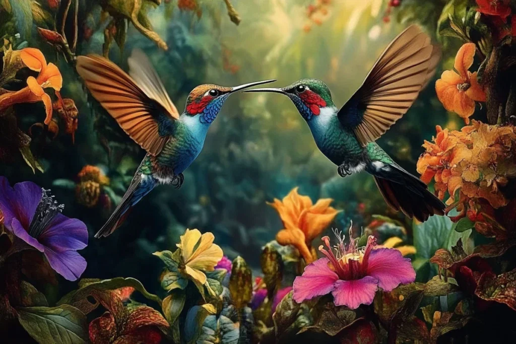 Glasschilderij 160x110cm Kolibries tussen de bloemen