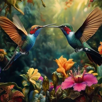 Glasschilderij 160x110cm Kolibries tussen de bloemen