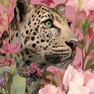 Glasschilderij 80x120cm Panter tussen de roze bloemen